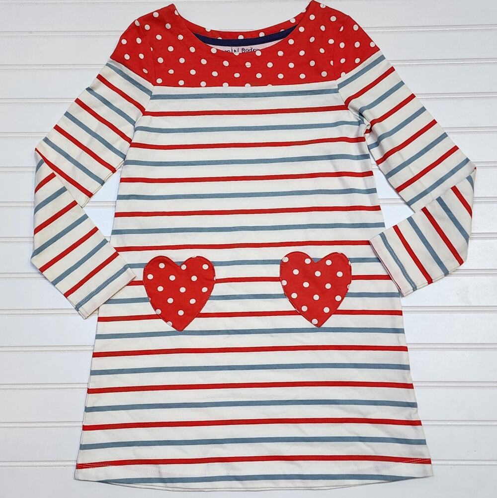 Mini Boden Girls Heart Applique Pocket Striped Dress Size 7-8Y Red Cream Blue